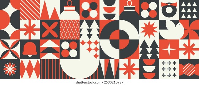 Christmas modern minimalist geometric pattern. Red, white, and black colors form shapes stars, trees, and ornaments. Ideal for modern holiday packaging, cards, and decor. Vector