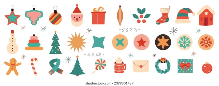 Christmas modern minimalist style elements.Xmas Tree Geometry: Modern Christmas Elements in Vibrant Flat Cartoon Illustration."Modern Holiday Decor: Christmas Elements with Minimalist Geometric Style