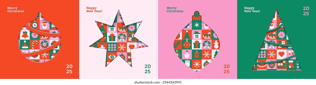 Christmas modern minimalistic card design set in paper cut style with xmas tree, ball, bauble and star silhouettes with shadows. Vector square Christmas posters, holiday covers or banners