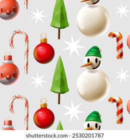Christmas modern seamless pattern with snowman, candy cane, Xmas tree, star, ball. Design for wallpaper, prints, wrapping paper, cards, fabric, surface design, vector illustration