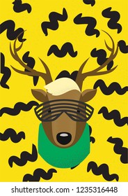 Christmas modern style hipster deer. Reindeer with glasses and a scarf. Set Modern Xmas.
