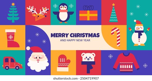 Christmas modern trendy design, christmas tree, gifts, winter elements and new years decorations. Vector illustration in flat geometric style