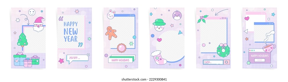 Christmas modern vaporwave vertical stories, retro cover template design set for poster, social post and stories banner. Gradient with Christmas decorations like snowman, penguin, Santa, gingerbread.