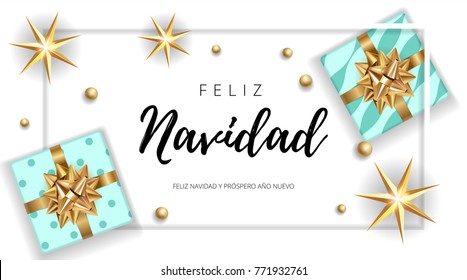 Christmas modern white background with gifts box with a gold bow. Template for postcard, booklet, leaflet, poster. Vector illustration EPS10 Spanish congratulation text Feliz Navidad