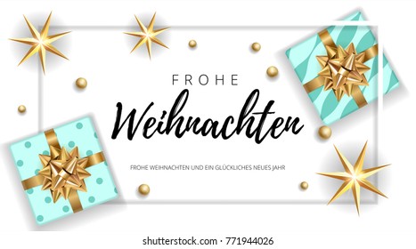 Christmas modern white background with gifts box with a gold bow. Template for postcard, booklet, leaflet, poster. Vector illustration EPS10 German congratulation text Frohe Weihnachten