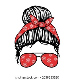 Christmas Mom. Woman face with aviator glasses bandana and snowflakes  print. Messy Bun Mom Lifestyle. Vector illustration.  Isolated on white background. Good for posters, t shirts, postcards.