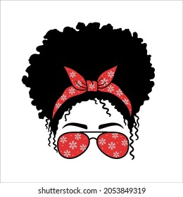 Christmas Mom. Woman face with aviator glasses bandana and snowflakes  print. Messy Bun Mom Lifestyle. Isolated on white background. Good for posters, t shirts, postcards.