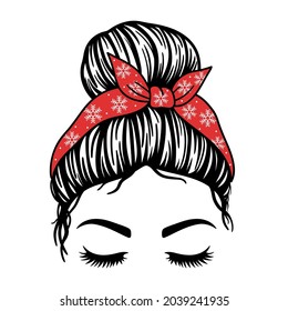 Christmas Mom. Woman face with  bandana and snowflakes  print. Messy Bun Mom Lifestyle. Vector illustration.  Isolated on white background. Good for posters, t shirts, postcards.