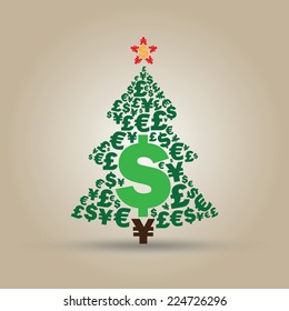Christmas money tree made from most popular currencies signs