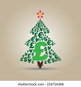 Christmas money tree made from most popular currencies signs