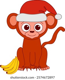 A Christmas monkey animal with bananas graphic line vector cartoon character in a Santa hat composition. china new year 2028 mascot
