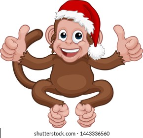 A Christmas monkey animal cartoon character in a Santa hat giving two thumbs up