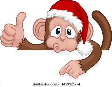 A Christmas monkey animal cartoon character in a Santa hat behind a sign peeking over a sign and pointing at it while giving a thumbs up