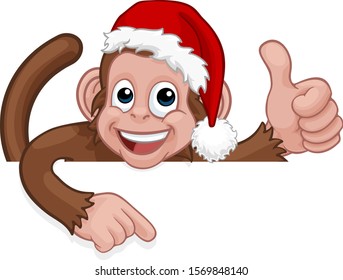 A Christmas monkey animal cartoon character in a Santa hat behind a sign peeking over a sign and pointing at it while giving a thumbs up