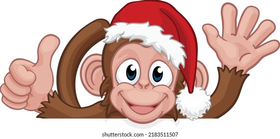 A Christmas monkey animal cartoon character in a Santa hat behind a sign peeking over a sign and giving a thumbs up