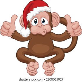 A Christmas monkey animal cartoon character in a Santa hat giving two thumbs up