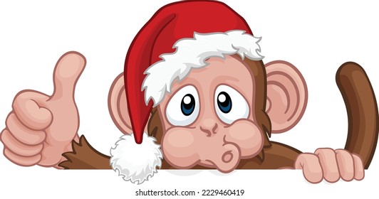 A Christmas monkey animal cartoon character in a Santa hat behind a sign peeking over a sign and giving a thumbs up