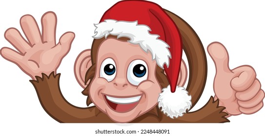 A Christmas monkey animal cartoon character in a Santa hat behind a sign peeking over a sign and giving a thumbs up