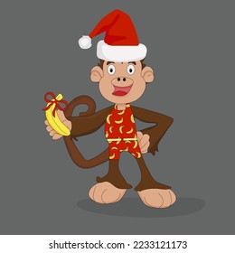 christmas monkey with banana on gray background
