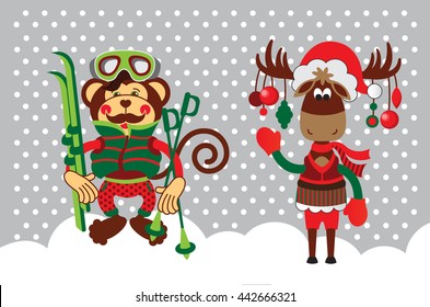 christmas monkey and the deer, cartoon animation, vector