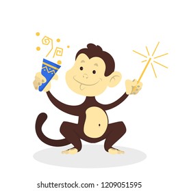 Christmas monkey have fun on winter holiday. Happy animal brown chimpanzee celebrate christmas and new year. Isolated vector illustration in cartoon style
