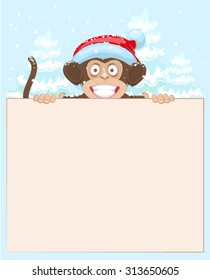 Christmas monkey holding white banner. Monkey symbol 2016. Xmas. Illustration in vector format