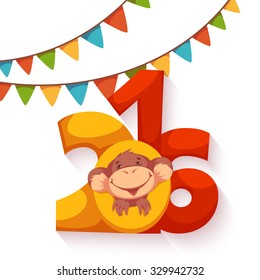 Christmas monkey with letter for 2016 New Year. Vector illustration.