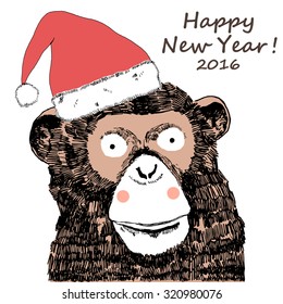 Christmas monkey, monkey with New Year's cap. Happy New Year. Hand postcards illustration for the new year