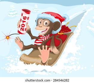 Christmas monkey riding on a sled and keeps petard 2016. Illustration in vector format