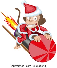 Christmas Monkey Santa flying on firework rocket. Isolated cartoon illustration