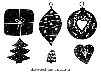 Christmas monochromatic decorations with snow texture doodle style vector illustration. Wrapped gift, star, Christmas tree, baubles and heart shaped decorations.