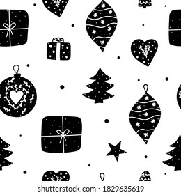 Christmas monochromatic seamless pattern with doodle decorative elements. Wrapped gift, Christmas tree, baubles, heart shaped decorations vector illustration isolated on white background.