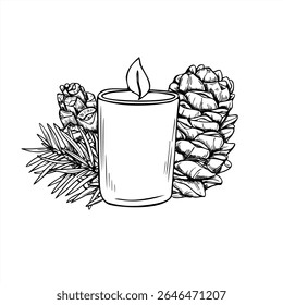 Christmas monochrome candles in glass jar, pine branches and cones vector illustration painted by black inks. Xmas composition for holiday design, festive decor, spa and wellness, aromatherapy.
