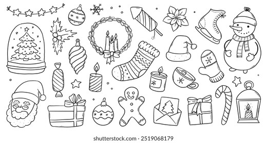 christmas monochrome doodles collection, black and white holiday elements for coloring pages, prints, cards, banners, planners, etc. EPS 10
