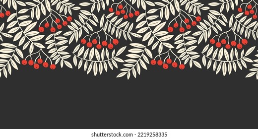 Christmas Monochrome Linocut Rowan Tree Foliage and Berries Vector Seamless Horizontal Pattern Border. Winter Holiday Wilderness Graphic Print