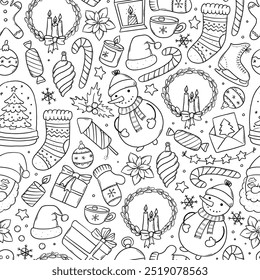 Christmas monochrome seamless pattern with cute doodles for coloring pages, wallpaper, wrapping paper, textile prints, digital paper, etc. EPS 10