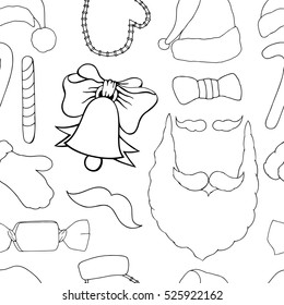Christmas monochrome seamless vector pattern. Holiday icons, patches, stickers. Gifts, christmas and balls. New Year celebration elements. Design for fashion print, wrapping, backgrounds.