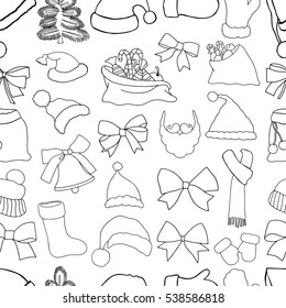 Christmas monochrome seamless vector pattern. Holiday icons, patches, stickers. Gifts, christmas and balls. New Year celebration elements. Design for fashion print, wrapping, backgrounds.