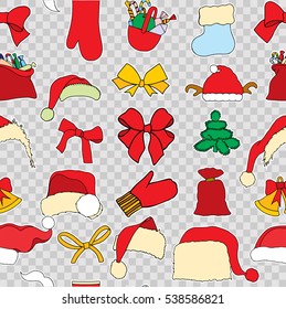Christmas monochrome seamless vector pattern. Holiday icons, patches, stickers. Gifts, christmas and balls. New Year celebration elements. Design for fashion print, wrapping, backgrounds.