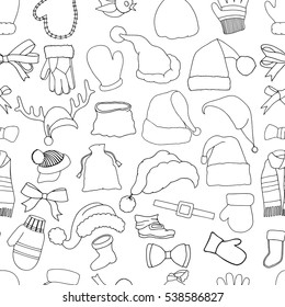 Christmas monochrome seamless vector pattern. Holiday icons, patches, stickers. Gifts, christmas and balls. New Year celebration elements. Design for fashion print, wrapping, backgrounds.