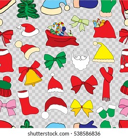 Christmas monochrome seamless vector pattern. Holiday icons, patches, stickers. Gifts, christmas and balls. New Year celebration elements. Design for fashion print, wrapping, backgrounds.