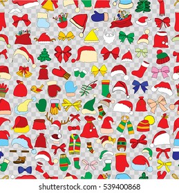Christmas monochrome seamless vector pattern. Holiday icons, patches, stickers. Gifts, christmas and balls. New Year celebration elements. Design for fashion print, wrapping, backgrounds.