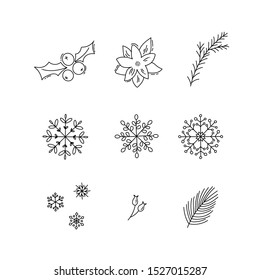 Christmas Monoline Holiday Decoration Icons Set With Mistletoe, Bow, Snowflakes. Elements Isolated Vector Illustration