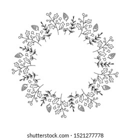 Christmas monoline vector wreath with cone branches and berries with place for text. Isolated xmas illustration for greeting card, poster and web