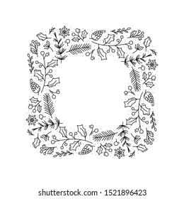 Christmas Monoline Vector Wreath With Cone Branches, Snowflakes And Berries With Place For Text. Isolated Xmas Illustration For Greeting Card, Poster And Web