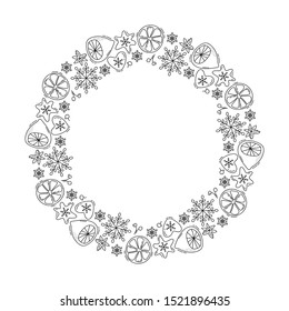 Christmas Monoline Vector Wreath With Lemon, Snowflakes And Berries With Place For Text. Isolated Xmas Illustration For Greeting Card, Poster And Web