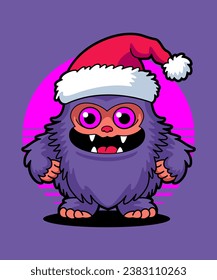 Christmas Monster Wearing Santa Claus Hat 04. Cartoon Illustration Style.