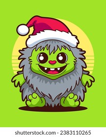 Christmas Monster Wearing Santa Claus Hat 02. Cartoon Illustration Style.