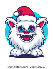 Christmas Monster Wearing Santa Claus Hat 01. Cartoon Illustration Style.