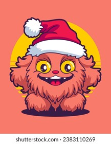 Christmas Monster Wearing Santa Claus Hat 03. Cartoon Illustration Style.